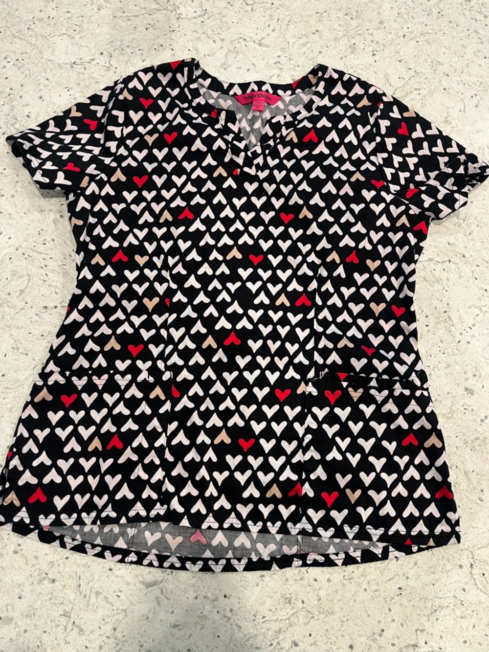 Beyond Scrubs Women’s Black Heart-Print V-Neck Top